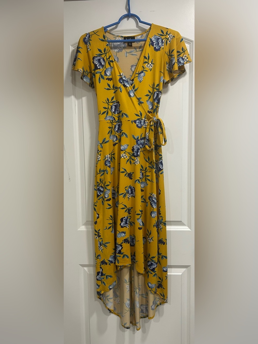 by & by Mustard Yellow Floral Wrap Maxi Dress with Blue Print